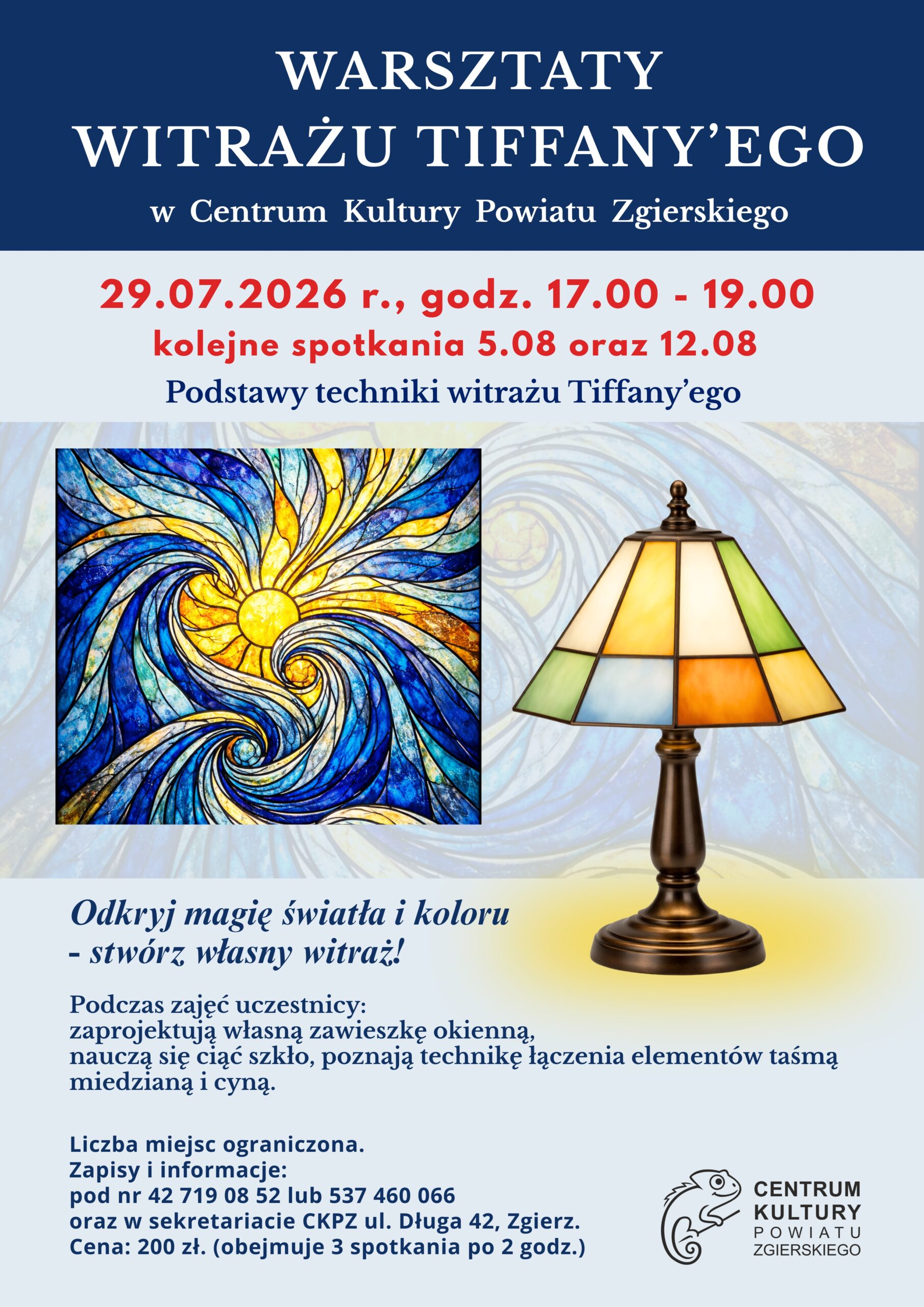 Plakat informujący o warsztatach z witrażu Tiffany'ego